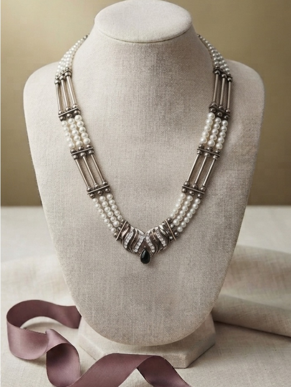 Vintage 3-Strand Faux Pearl & Black Cabochon Rhinestone Statement Necklace